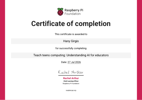شهادة Teach teens computing: Understanding AI for educators من Raspberry Pi Foundation