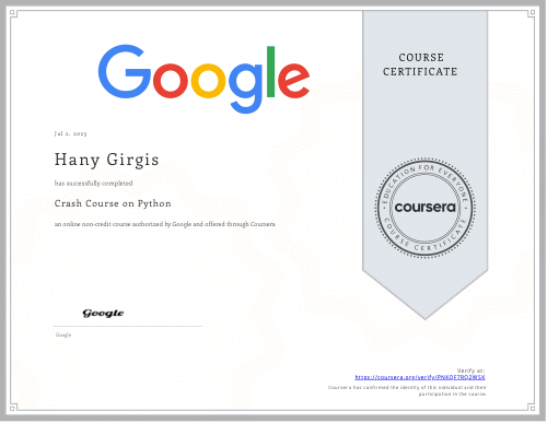 شهادة Crash Course on Python من Google