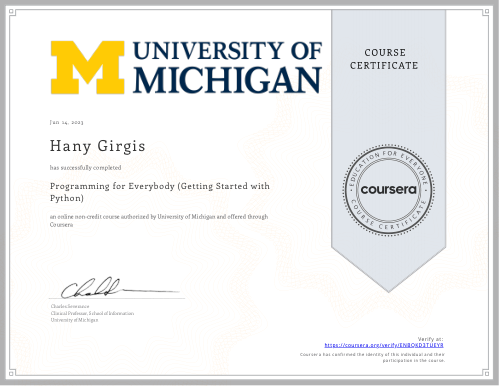 شهادة Programming for Everybody من University of Michigan