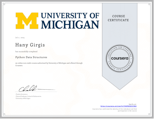 شهادة Python Data Structures من University of Michigan