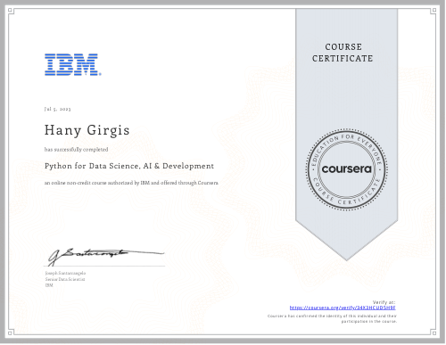 شهادة Python for Data Science, AI and Development من IBM