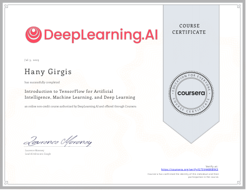 شهادة Introduction to TensorFlow من DeepLearning.AI